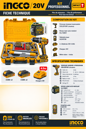 Ensemble de 4 outils sans fil Niveau laser HLL260467