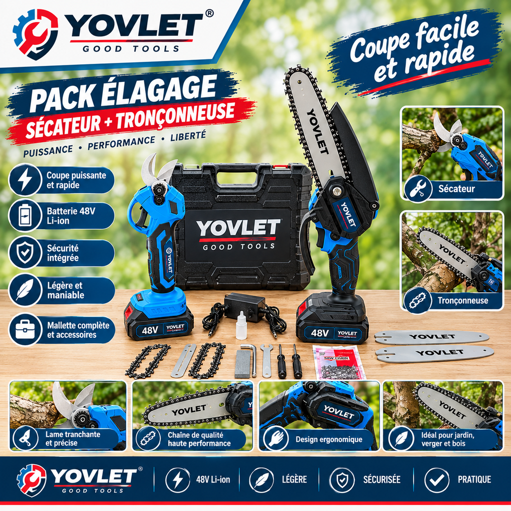 coffret combo YOVLET 48V regroupe un sécateur électrique et-tronçonneuse