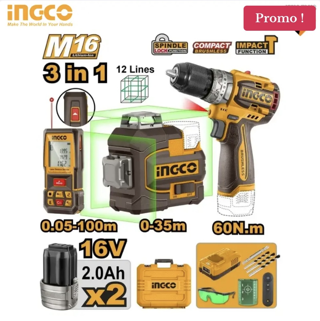 COMBO KIT 3EN1 ME 2 BATTERIES 16V/2.0AH INGCO COSLI250101