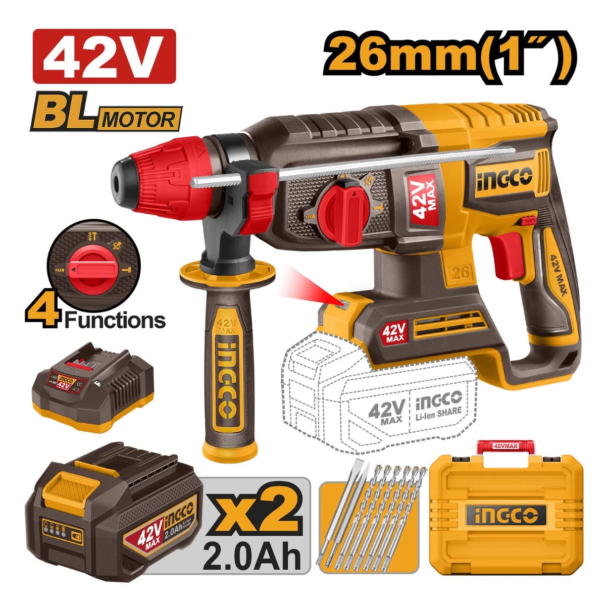 BRUSHLESS HAMMER DRILL 42V INGCO CRHLI422682
